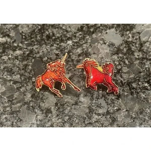 2 Vintage Unicorn’s Pin Red Enamel Cloisonné Brooch Gold  Gift Jewelry